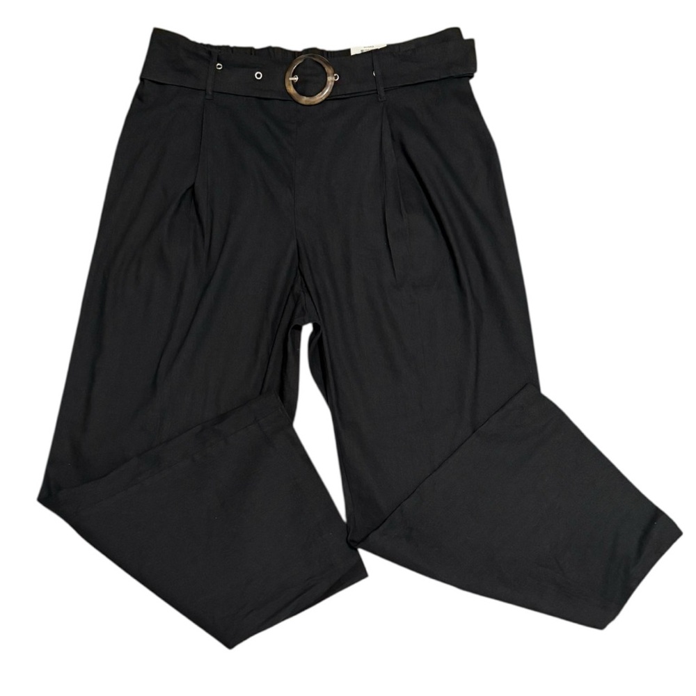 INC Plus 1X Wide Leg Regular Nomad Deep Black Linen Blend Belted Pants